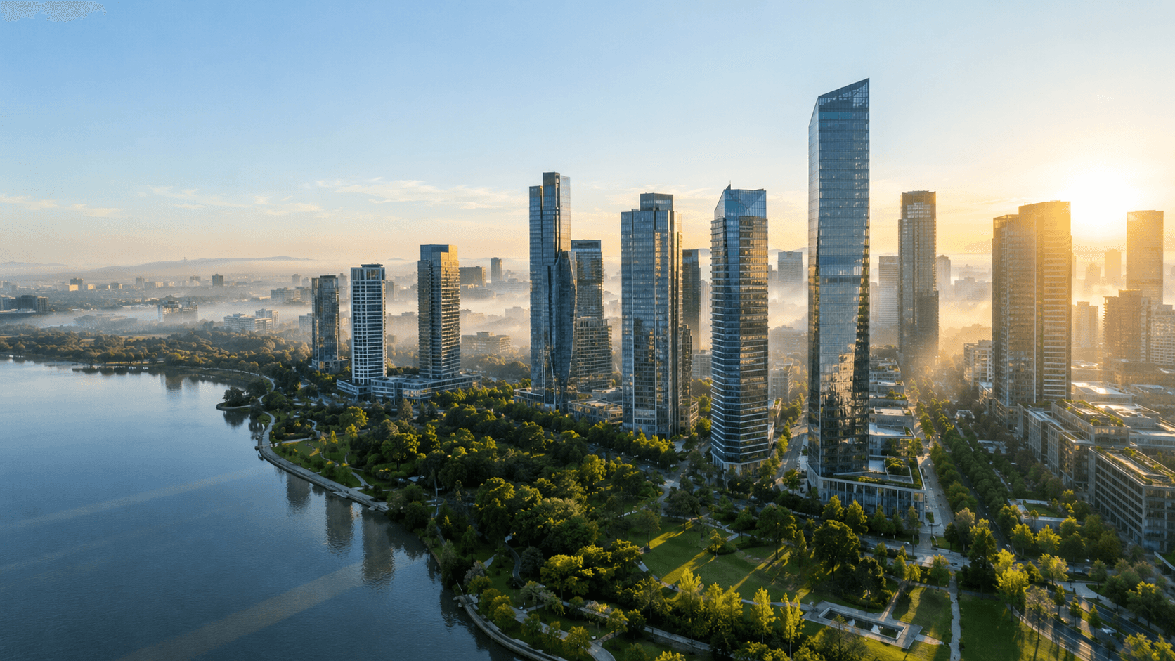 Distrito financiero al amanecer, torres de cristal entre árboles y un río, con tarjetas de Quantika Research superpuestas.