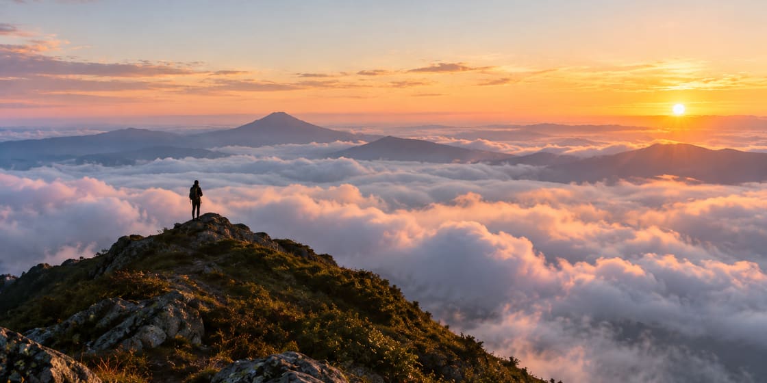 Un caminante en una cresta, frente a un mar de nubes al amanecer
