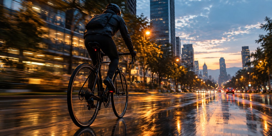 Un ciclista en una avenida mojada al amanecer, con rascacielos al fondo